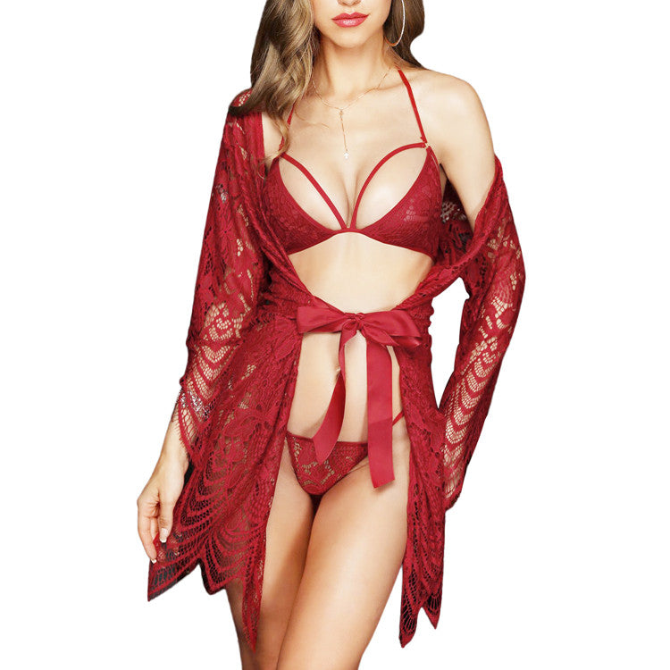 Boho Sheer 3-Piece Lingerie Set - Open-Bust Robe & Sexy Bralette
