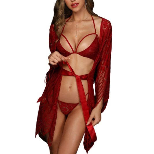 Boho Sheer 3-Piece Lingerie Set - Open-Bust Robe & Sexy Bralette