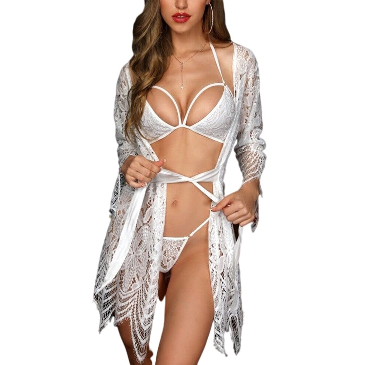Boho Sheer 3-Piece Lingerie Set - Open-Bust Robe & Sexy Bralette