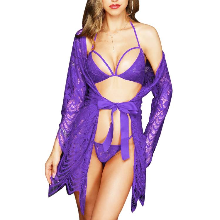 Boho Sheer 3-Piece Lingerie Set - Open-Bust Robe & Sexy Bralette